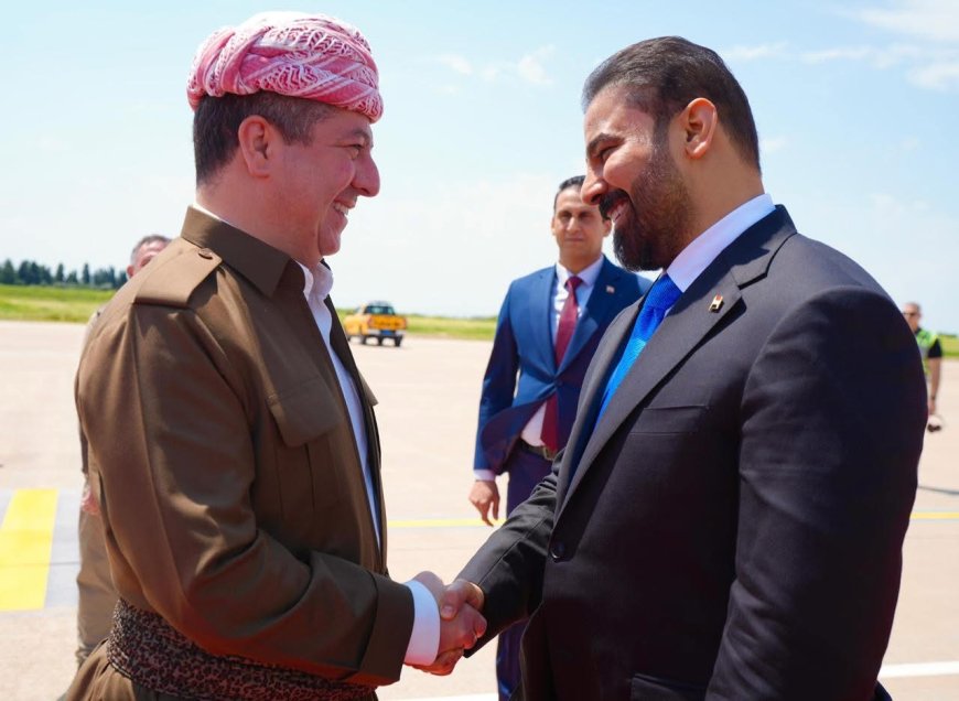 ساتی پێشوازیی مەسرور بارزانی، سەرۆکوەزیرانی هەرێمی کوردستان لە عەلی زەیدی، سەرۆکوەزیرانی راسپێردراوی عێراق لە هەولێر